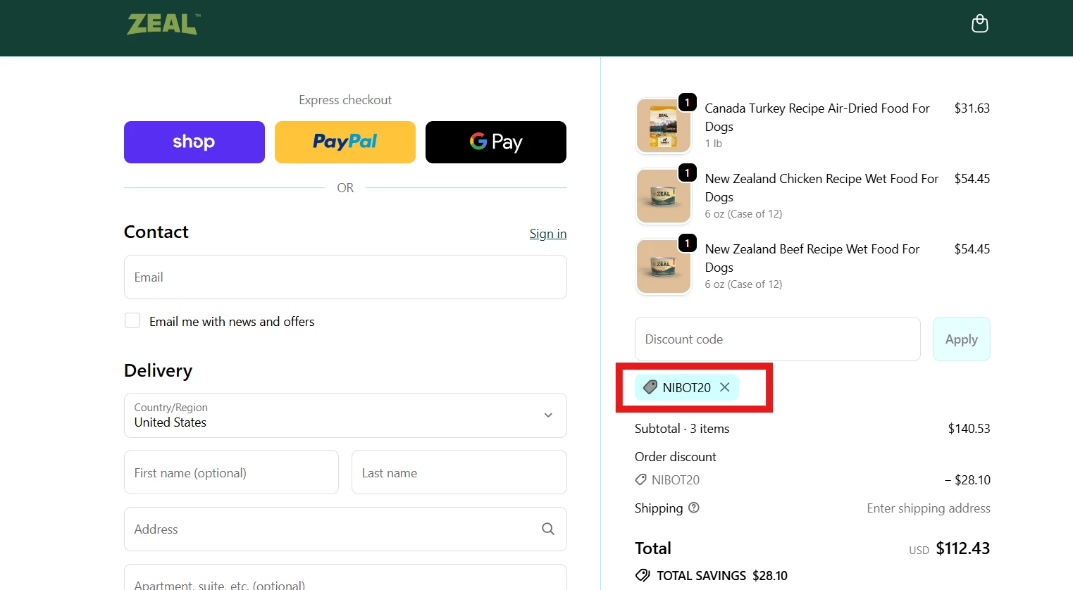 Zeal Pet Food verified Coupon code NIBOT20